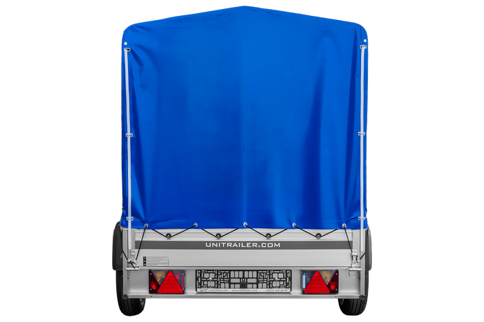 Přívěs za auto s hliníkovými bočnicemi 230x125 Unitrailer Garden 230 KIPP ALU s rámem H1100 a modrým krytem