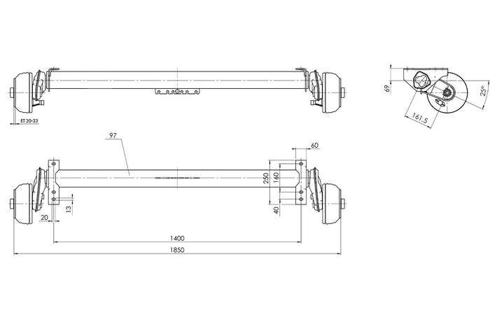 AL-KO COMPACT brzděná náprava pro přívěs / odtahový vůz 1350kg 1400mm 1850mm 5x112