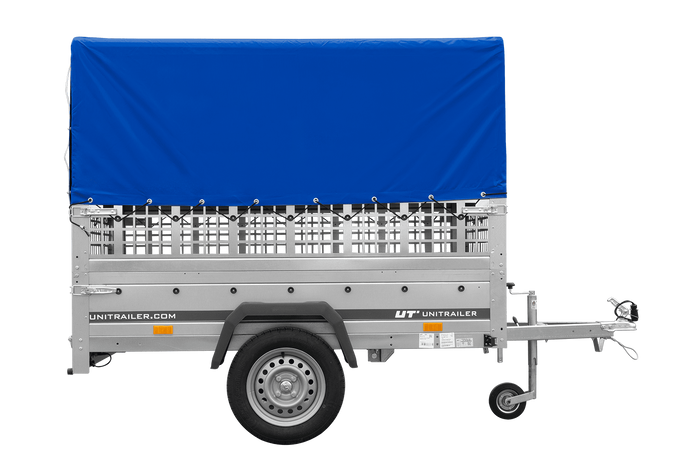 Přívěs za auto 200x125 UNITRAILER GARDEN 201 KIPP s pletivovými bočnicemi, rámem H-800 a šedou plachtou