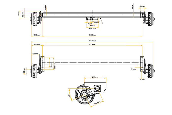Brzděná náprava KNOTT VGB13M pro přívěs/nosič automobilů 1350 kg 1510 mm 1880 mm 5x112