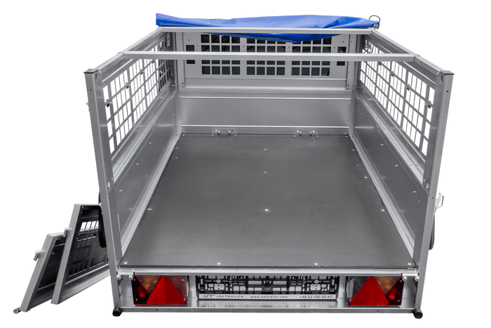 Přívěs za auto 150x106 UNITRAILER GARDEN 150 KIPP s pletivovými bočnicemi a modrým krytem