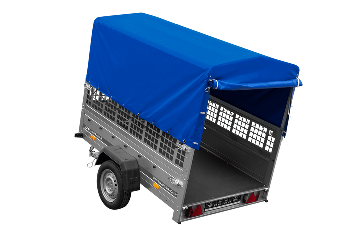 Přívěs za auto 200x125 UNITRAILER GARDEN 201 KIPP s pletivovými bočnicemi, rámem H-800 a šedou plachtou