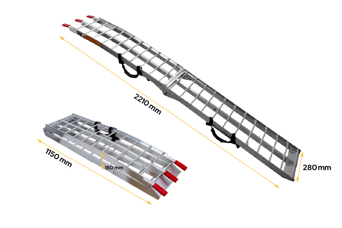 Skládací hliníkové rampy UNITRAILER ALR002 pro přívěsy 221 cm 680 kg s popruhem, sada 2 ks