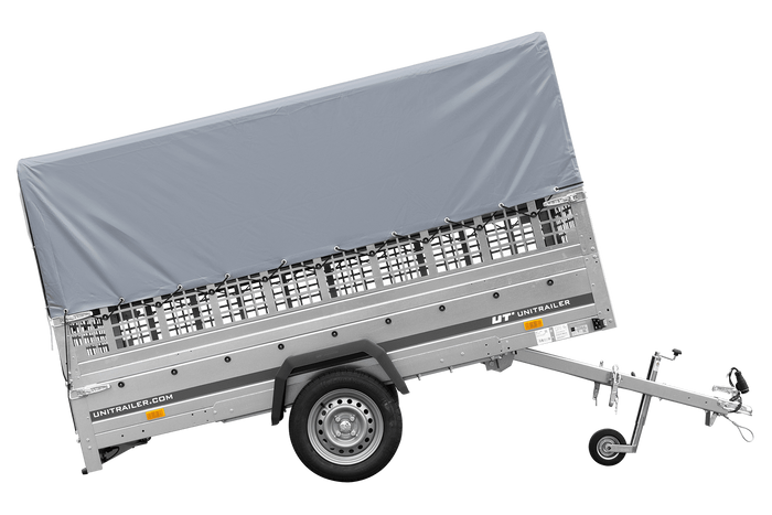 Přívěs pro auto 264x125 UNITRAILER GARDEN 264 KIPP s pletivovými bočnicemi, rámem H-800 a šedým krytem