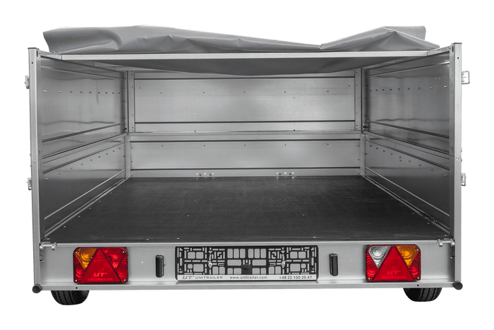 Přívěs za auto na pružinách 264x150 UNITRAILER GARDEN 265/R KIPP s bočnicemi BIS, rámem H-0 a šedým krytem