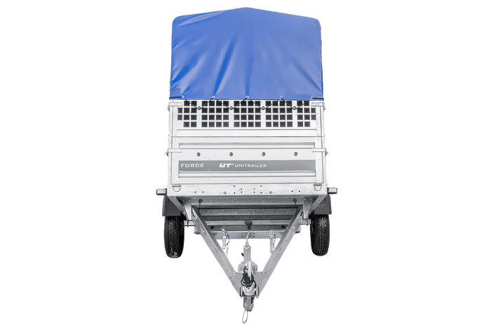 Jednonápravový přívěs 230x125 UNITRAILER FORCE 230 KIPP s pletivovými bočnicemi, rámem H-0 a modrým krytem