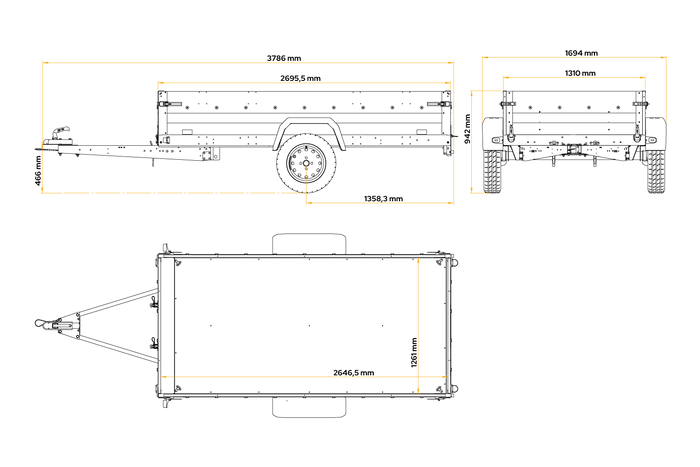 Lehký přívěs 264x125 UNITRAILER FORCE 264 KIPP s bočnicemi BIS, rámem H-0 a modrým krytem
