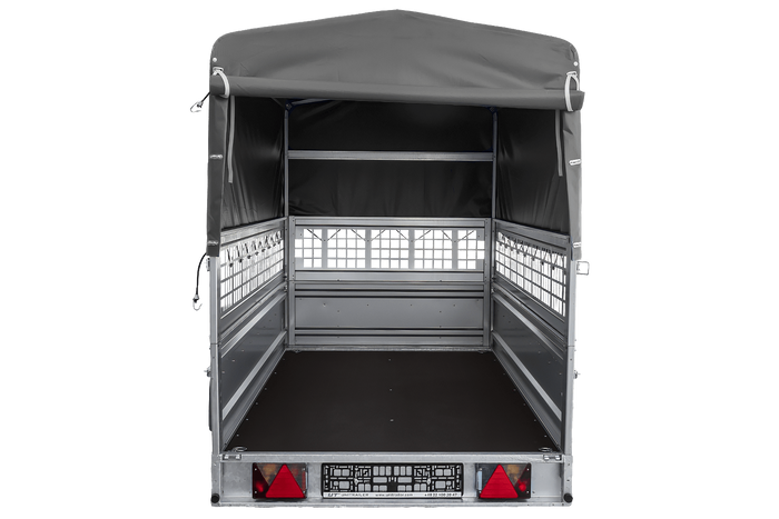 Přívěs za auto na pružinách 264x125 UNITRAILER FORCE 264/R KIPP s pletivovými bočnicemi, rámem H-800 a šedým krytem