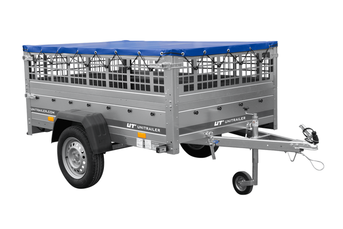 Jednonápravový přívěs 200x125 UNITRAILER GARDEN 201 KIPP s pletivovými bočnicemi, rámem H-0 a modrou plachtou