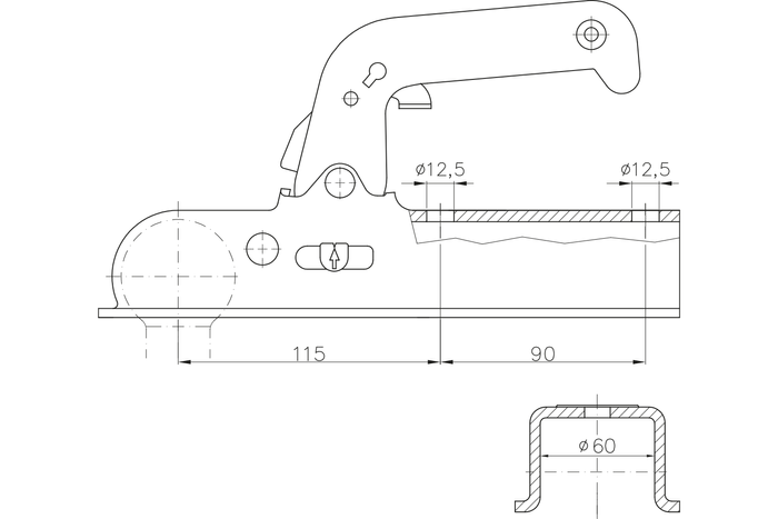 Tažný kloub WINTERHOFF WW150-VF pro přívěs 1500 kg se čtvercovou ojí 60 mm