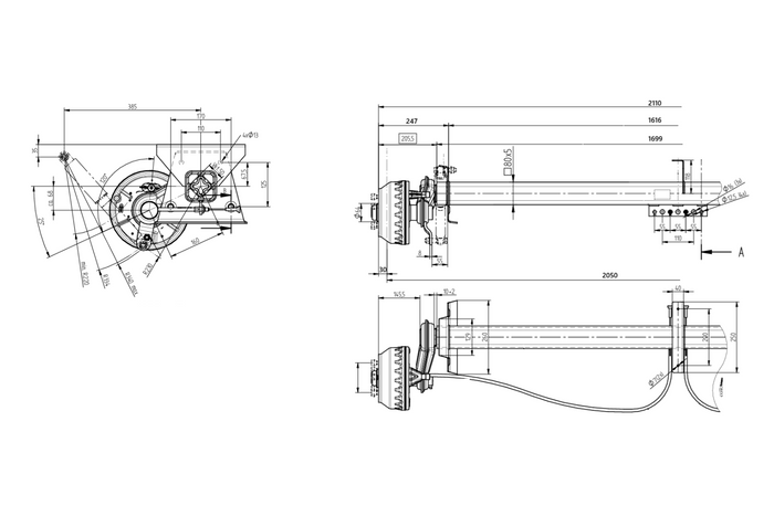 Brzděná náprava KNOTT VGB15MV pro přívěs/nosič 1550 kg 1616 mm 2110 mm 5x112
