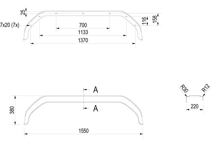 Sada dvou tandemových blatníků pro přívěs 14-15" DE HAAN THMK 22155 podběhy kol 1550/220mm