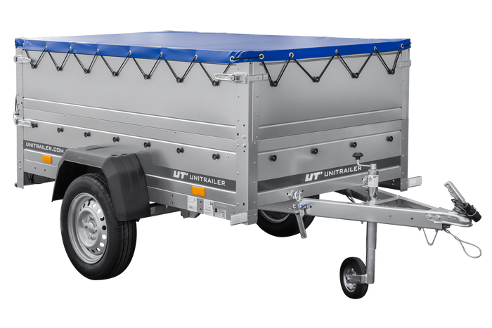 Přívěs za auto 200x106 UNITRAILER GARDEN 200 KIPP s bočnicemi BIS, rámem H-0 a modrým krytem