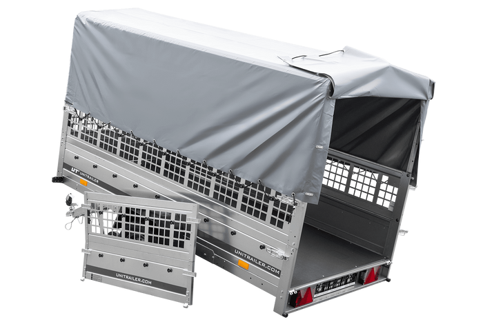 Přívěs Garden Trailer 264 KIPP s síťovými bočnicemi, rámem H-800 a šedou plachtou