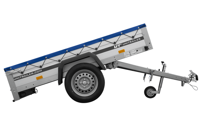 Jednonápravový přívěs s hliníkovými bočnicemi 200x125 Unitrailer Garden 201 KIPP ALU s rámem H-0 a modrým krytem