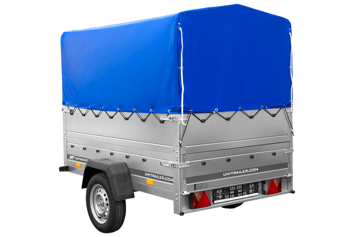 Jednonápravový přívěs 200x125 UNITRAILER GARDEN 201 KIPP s bočnicemi BIS, rámem H-800 a modrým krytem
