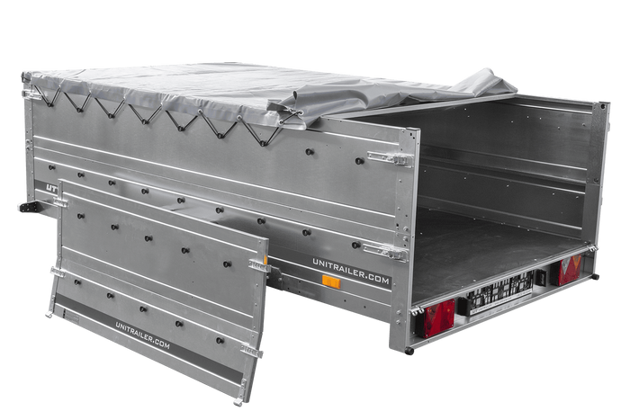 Přívěs za auto 264x150 UNITRAILER GARDEN 265 KIPP s bočnicemi BIS, rámem H-0 a šedou plachtou