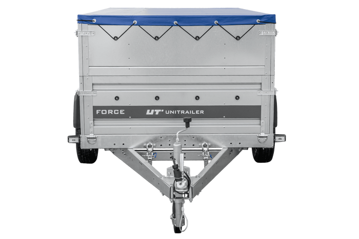 Přívěs za auto na pružinách 230x125 UNITRAILER FORCE 230/R KIPP s bočnicemi BIS, rámem H-0 a modrým krytem