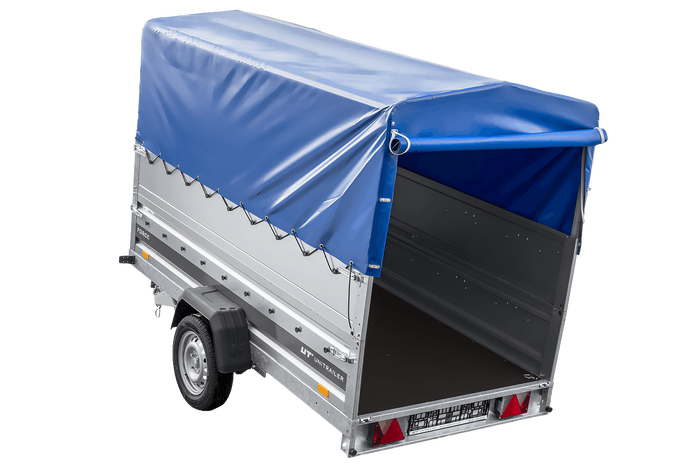 Lehký přívěs na pružinách 264x125 UNITRAILER FORCE 264/R KIPP s bočnicemi BIS, rámem H-800 a modrým krytem