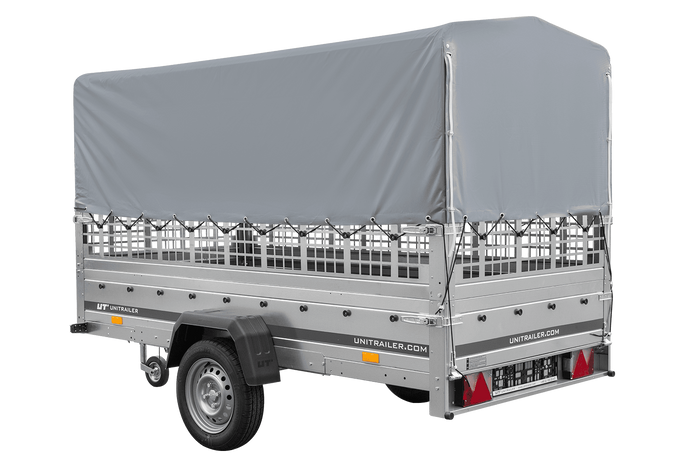 Přívěs pro auto 264x125 UNITRAILER GARDEN 264 KIPP s pletivovými bočnicemi, rámem H-800 a šedým krytem