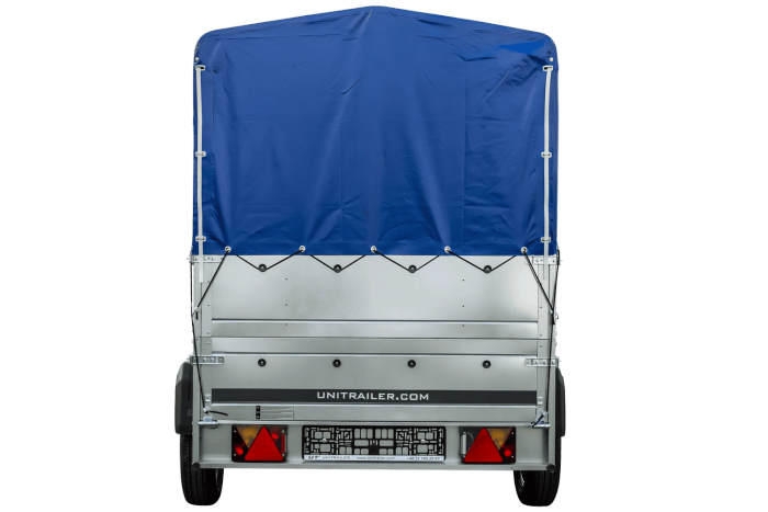 Jednonápravový přívěs na pružinách 230x125 UNITRAILER GARDEN 230/R KIPP s bočnicemi BIS, rámem H-800 a modrým krytem