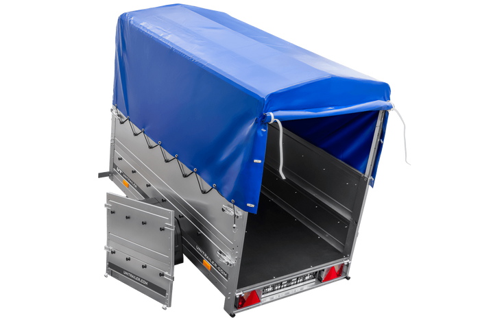 Přívěs za auto 200x106 UNITRAILER GARDEN 200 KIPP s bočnicemi BIS, rámem H-800 a modrým krytem