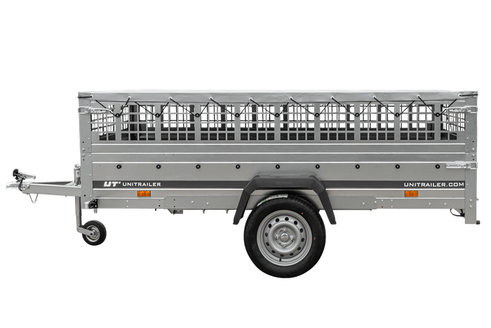Jednonápravový přívěs 264x125 UNITRAILER GARDEN 264 KIPP s pletivovými bočnicemi a šedou plachtou