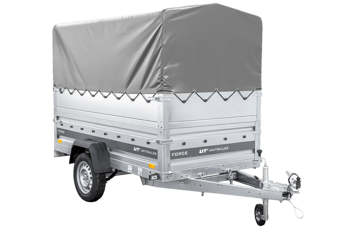 Jednonápravový přívěs na pružinách 230x125 UNITRAILER FORCE 230/R KIPP s bočnicemi BIS, rámem H-800 a šedým krytem