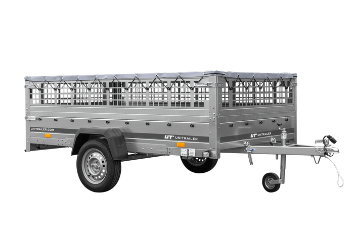 Lehký přívěs 264x150 UNITRAILER GARDEN 265 KIPP s bočnicemi z pletiva, rámem H-0 a šedým krytem