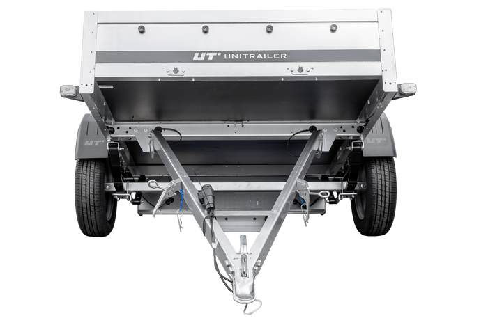 Přívěs za auto na pružinách 230x125 UNITRAILER GARDEN 230/R KIPP s bočnicemi BIS, rámem H-800 a šedým krytem