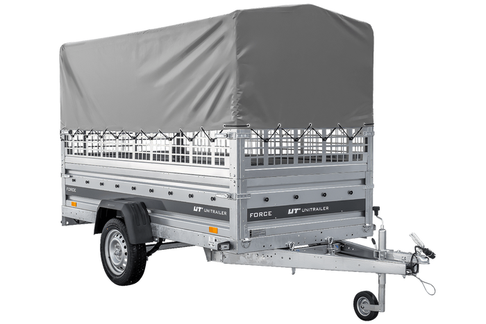 Přívěs za auto na pružinách 264x125 UNITRAILER FORCE 264/R KIPP s pletivovými bočnicemi, rámem H-800 a šedým krytem