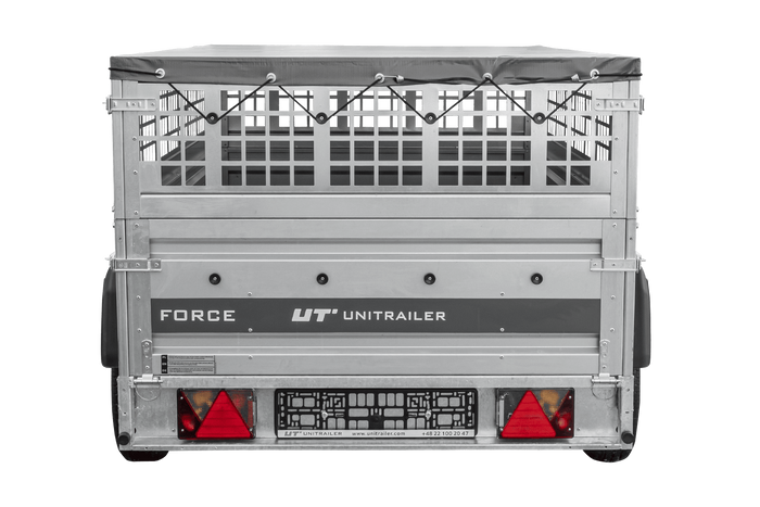 Jednonápravový přívěs 230x125 UNITRAILER FORCE 230 KIPP s pletivovými bočnicemi, rámem H-0 a šedým krytem