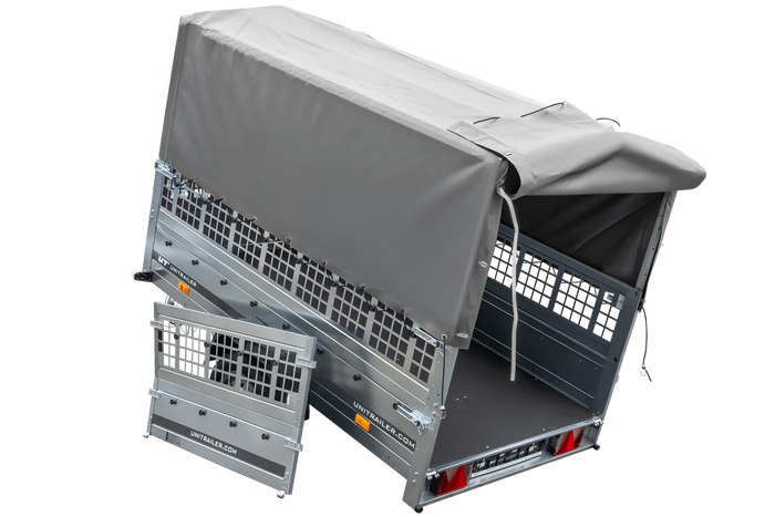 Přívěs za auto 230x125 UNITRAILER GARDEN 230 KIPP s pletivovými bočnicemi, rámem H-800 a šedým krytem