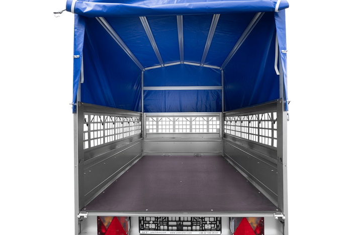 Přívěs za auto 200x125 UNITRAILER GARDEN 201 KIPP s pletivovými bočnicemi, rámem H-800 a šedou plachtou