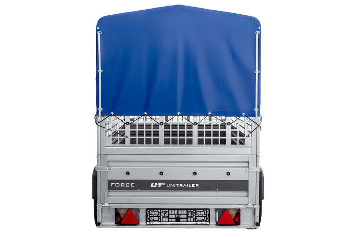 Přívěs za auto na pružinách 264x125 UNITRAILER FORCE 264/R KIPP s pletivovými bočnicemi, rámem H-800 a modrým krytem