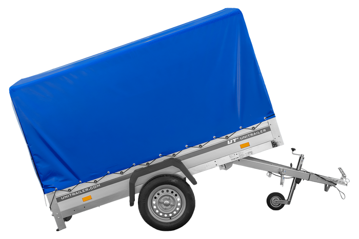 Přívěs za auto s hliníkovými bočnicemi 230x125 Unitrailer Garden 230 KIPP ALU s rámem H1100 a modrým krytem