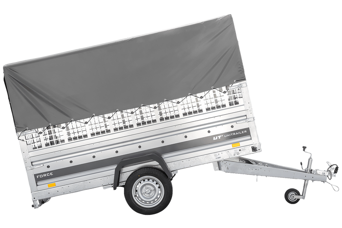 Přívěs za auto na pružinách 264x125 UNITRAILER FORCE 264/R KIPP s pletivovými bočnicemi, rámem H-800 a šedým krytem