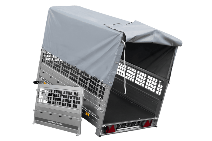 Jednonápravový přívěs na pružinách 200x125 UNITRAILER GARDEN 201/R KIPP s pletivovými bočnicemi, rámem H-800 a šedým krytem