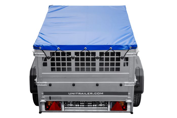 Přívěs Garden Trailer 150 KIPP s síťovanými bočnicemi a modrou plachtou