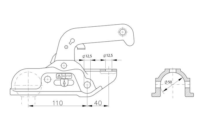 Kulové tažné zařízení WINTERHOFF WW 30-D3-K1212 pro přívěs 3000 kg s trubkovou ojí 50-51 mm, litinové