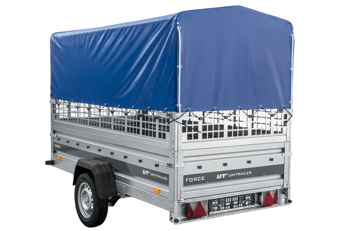 Přívěs za auto na pružinách 264x125 UNITRAILER FORCE 264/R KIPP s pletivovými bočnicemi, rámem H-800 a modrým krytem