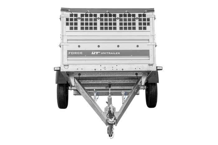 Jednonápravový přívěs 230x125 UNITRAILER FORCE 230 KIPP s pletivovými bočnicemi, rámem H-0 a šedým krytem