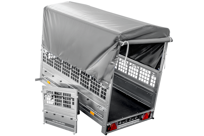 Přívěs za auto 200x106 UNITRAILER GARDEN 200 KIPP s pletivovými bočnicemi, rámem H-800 a šedým krytem