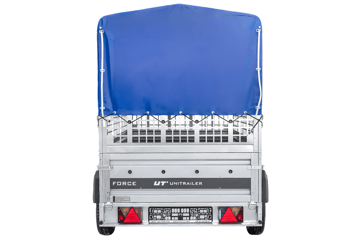 Jednonápravový přívěs 230x125 UNITRAILER FORCE 230 KIPP s pletivovými bočnicemi, rámem H-0 a modrým krytem