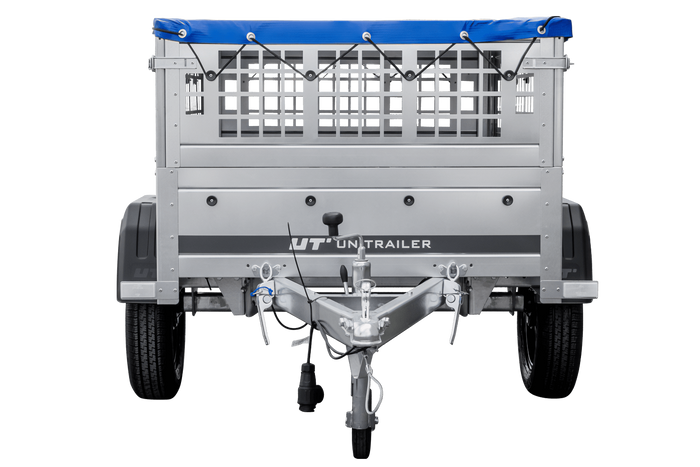Přívěs za auto 150x106 UNITRAILER GARDEN 150 KIPP s pletivovými bočnicemi a modrým krytem