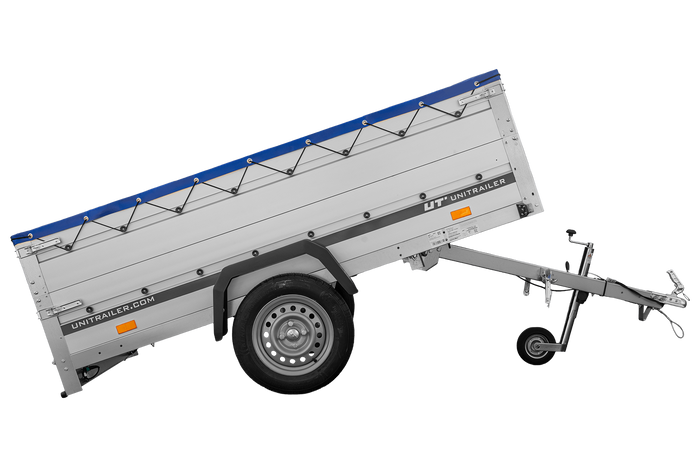 Jednonápravový přívěs s hliníkovými bočnicemi 230x125 Unitrailer Garden 230 KIPP ALU s bočnicemi BIS, rámem H-0 a modrým krytem