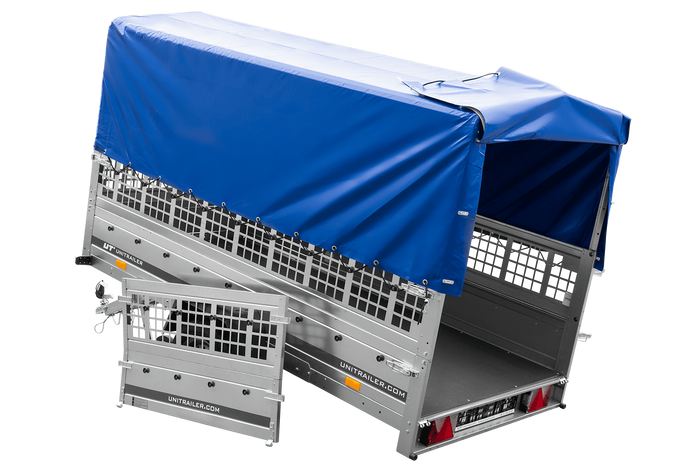 Lehký přívěs 264x125 UNITRAILER GARDEN 264 KIPP s pletivovými bočnicemi, rámem H-800 a modrým krytem