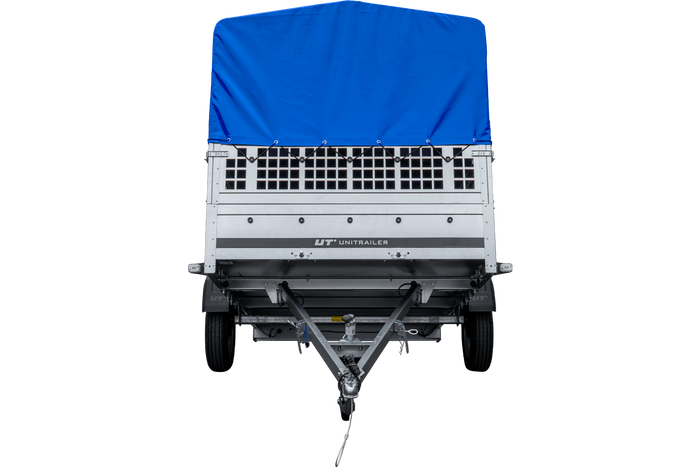 Přívěs za auto 264x150 UNITRAILER GARDEN 265 KIPP s pletivovými bočnicemi, rámem H-800 a modrým krytem