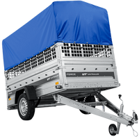 Přívěs za auto na pružinách 230x125 UNITRAILER FORCE 230/R KIPP s pletivovými bočnicemi, rámem H-800 a modrým krytem