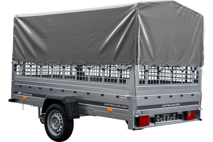 Přívěs za auto na pružinách 264x150 UNITRAILER GARDEN 265/R KIPP s pletivovými bočnicemi, rámem H-800 a šedým krytem